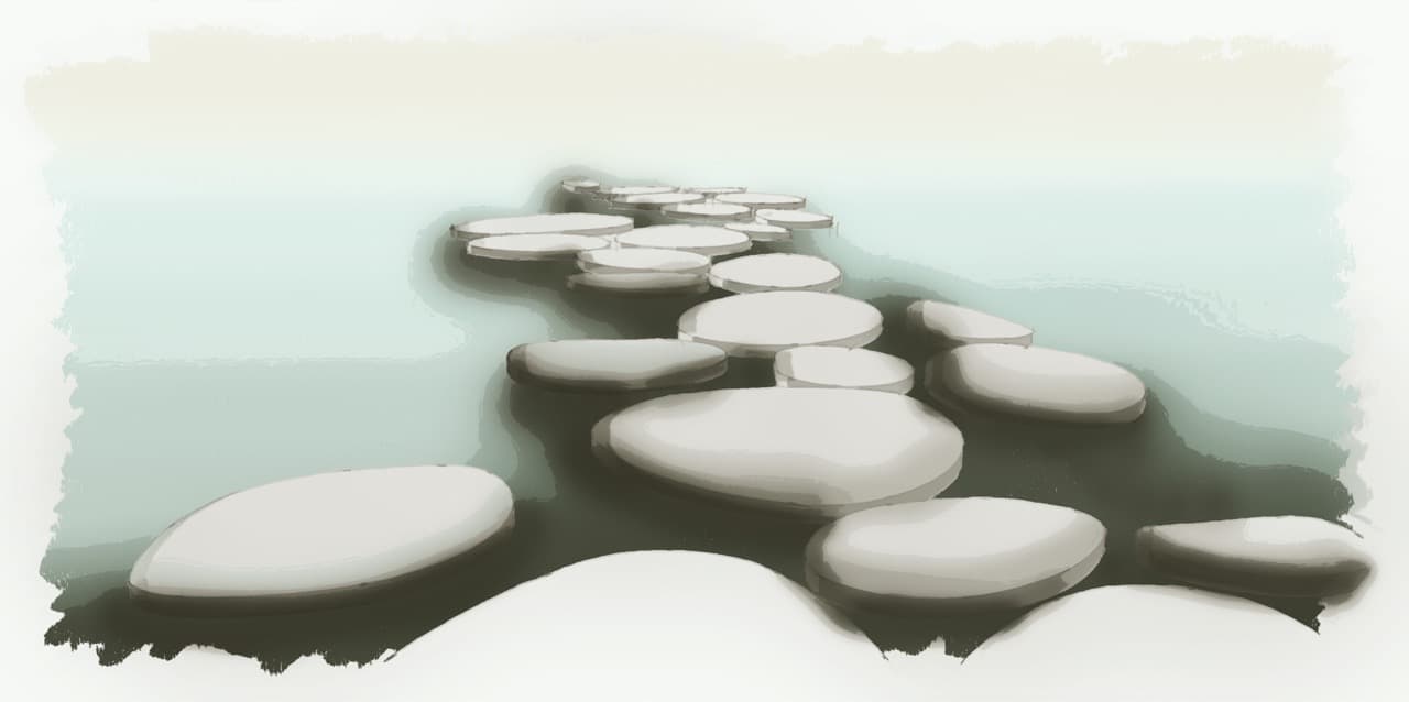 Camino conceptual representado por un sendero de rocas que guía el curso de un río hacia un espacio sereno y armonioso.